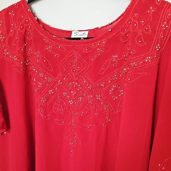 Sante Classics Vintage Red Boho Hippie Beaded  Embroidered Kaftan Dress One Size - Picture 2 of 10
